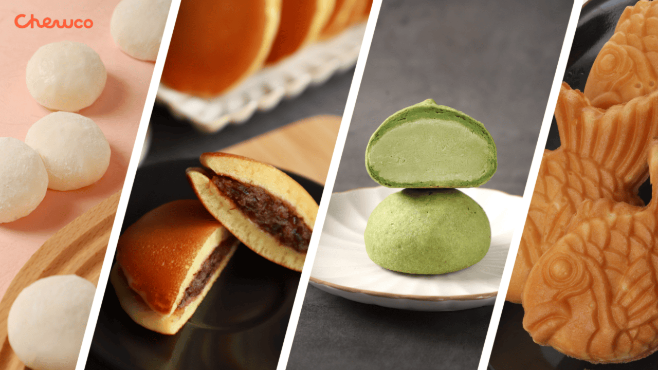 Mochi ice cream, red bean dorayaki, matcha cream puff, and taiyaki made with Chewco premixes.