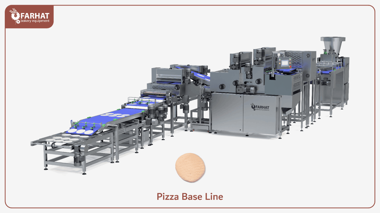 Die Pizza Base Line von Farhat bietet Präzision und Effizienz für die industrielle Pizzaproduktion und gewährleistet eine gleichmäßige Teigdicke, eine perfekte Rundung und eine automatische Blechablage für einen nahtlosen Arbeitsablauf.