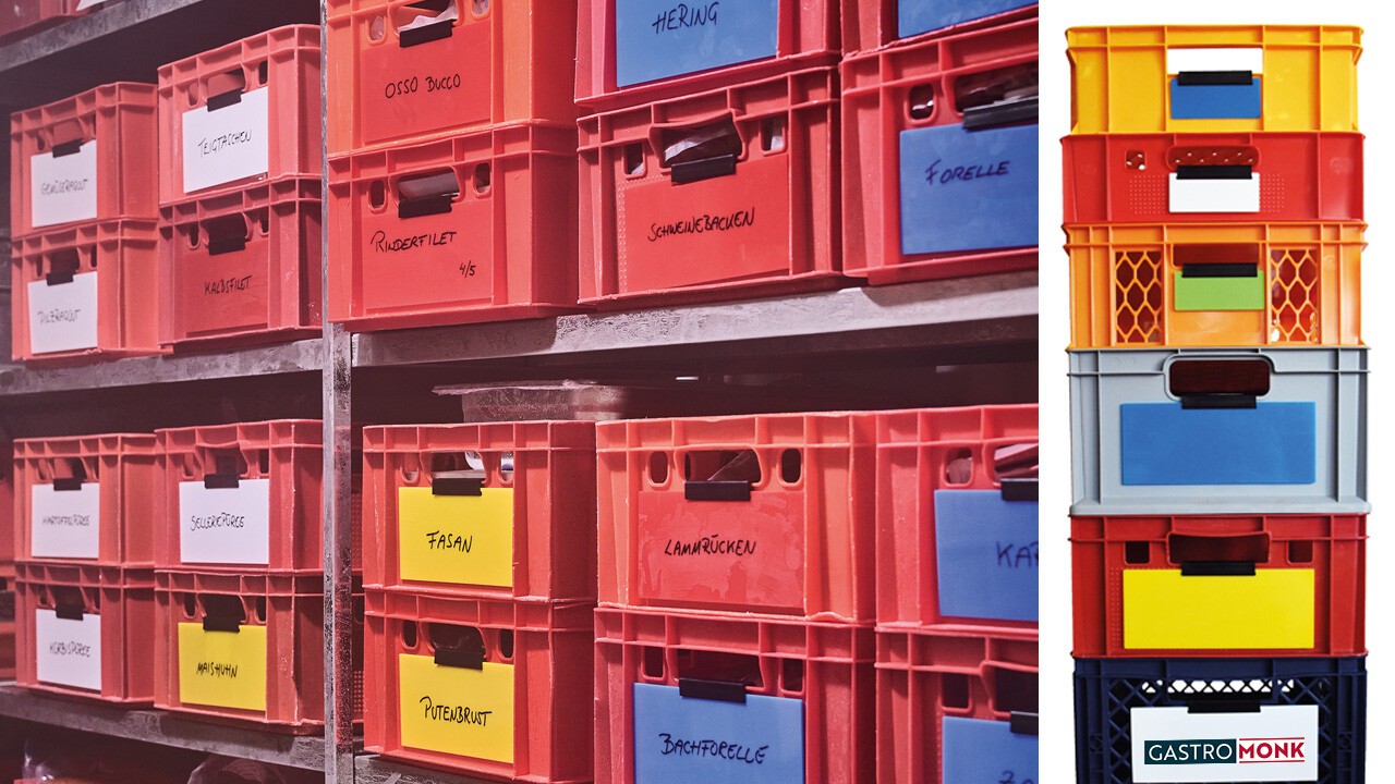 Die Hangtags ermöglichen eine einfache und schnelle Identifikation der Lebensmittelgruppen und sorgen so für eine organisierte, saubere und effiziente Arbeitsumgebung in der Küche oder im Kühlraum.