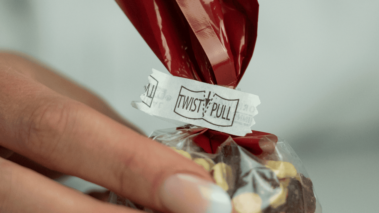 Dies ist das Innoseal®-Siegel mit den Anweisungen zum Drehen und Ziehen. Das neue, frische Siegel bleibt intakt, ohne sichtbare Risse. Innoseal®-Versiegler bieten jedes Mal einen manipulationssicheren Verschluss. Ein Riss im Siegel zeigt an, dass die Tasche geöffnet wurde und der Inhalt möglicherweise manipuliert wurde. (Abgebildet mit schwarzem Nachfüllpapier).