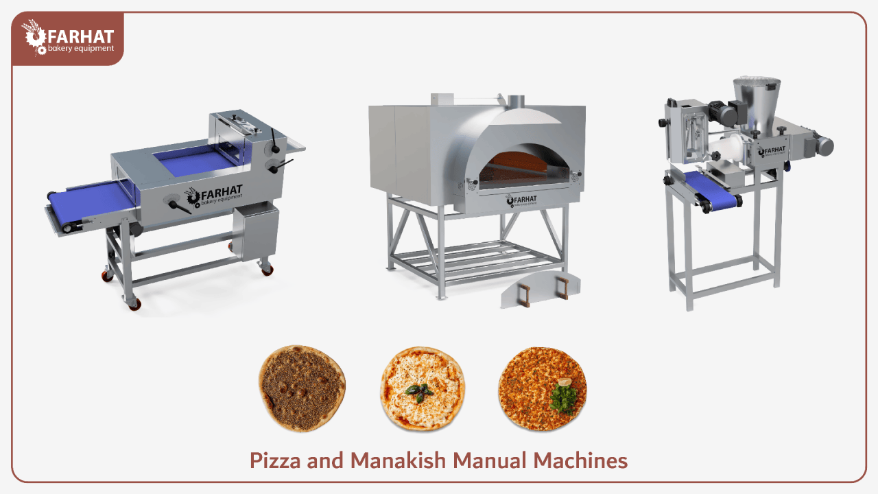 Farhat Bakery Equipment’s Pizza and Manakish Manual Machines are a complete solution for small-scale bakeries. They feature the Single Head Manual Flattener for perfect dough thickness, the Manual Dough Divider for precise portioning, and the Pizza & Manakish Oven for authentic stone-baked flavors with gas or wood-fired options. They are designed for efficiency, consistency, and traditional taste.