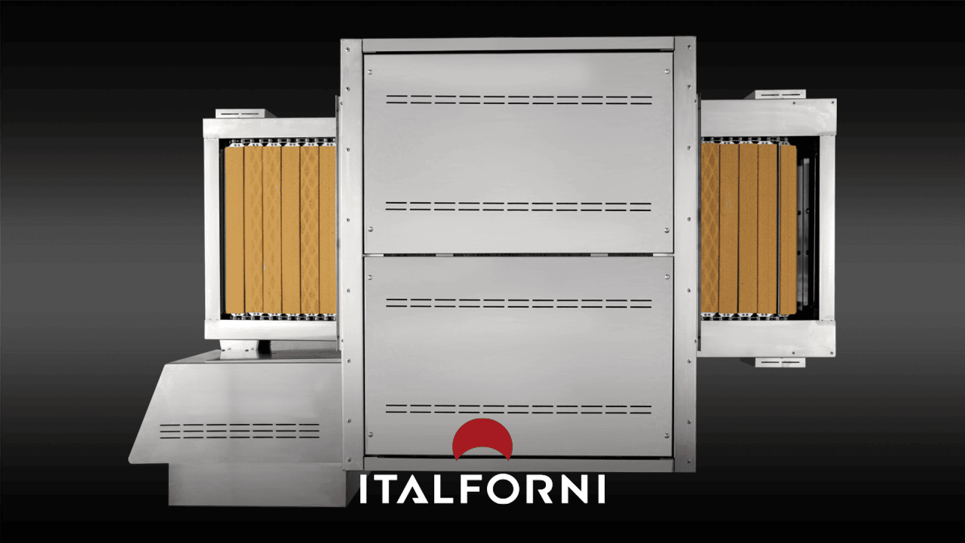 A stainless steel commercial oven with horizontal heating elements and a modern design, shown on a black background with the Italforni logo and a red semicircle at the bottom center.
