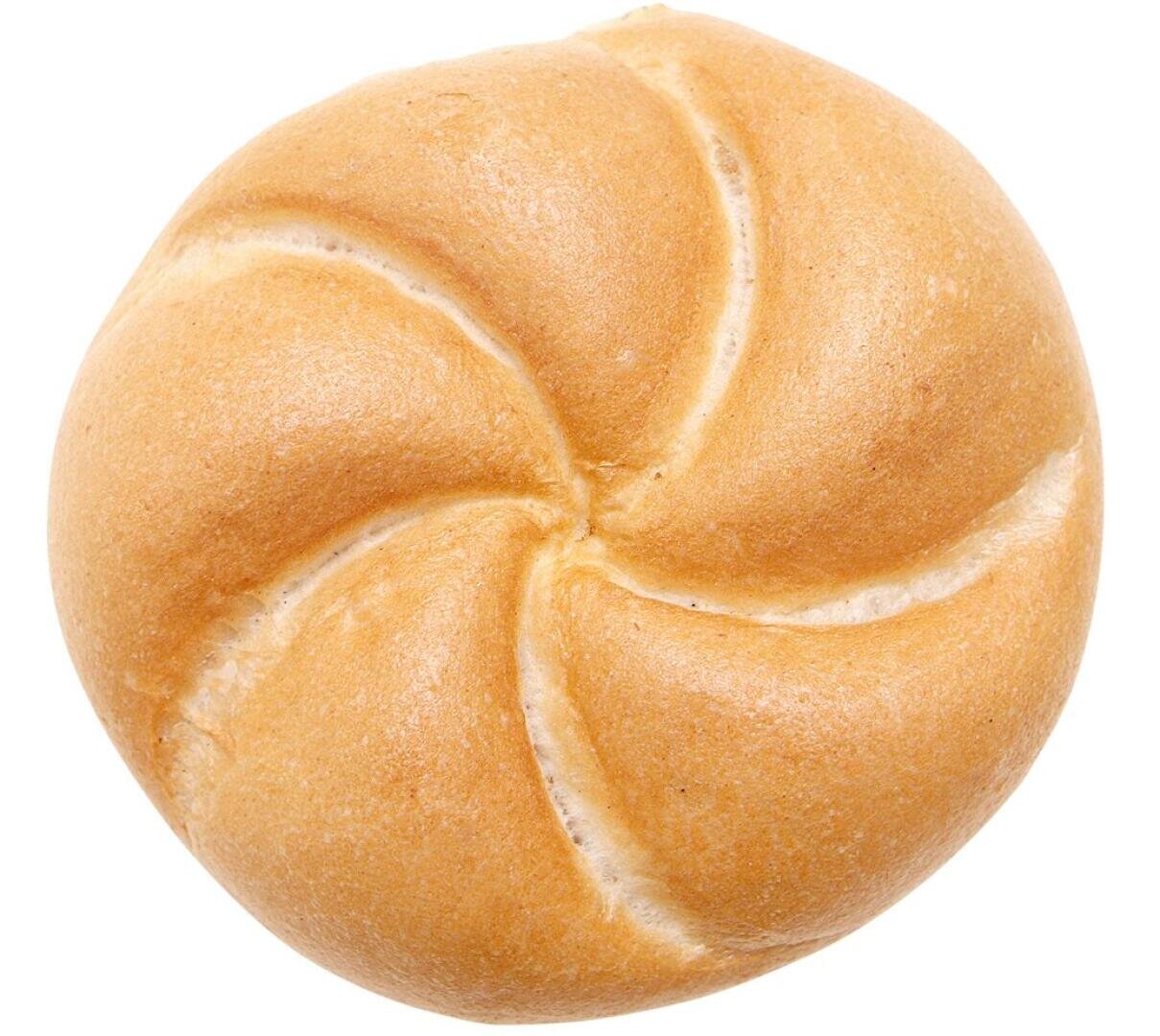 A round, golden-brown bun with a swirl pattern on the top, seen from above against a white background.