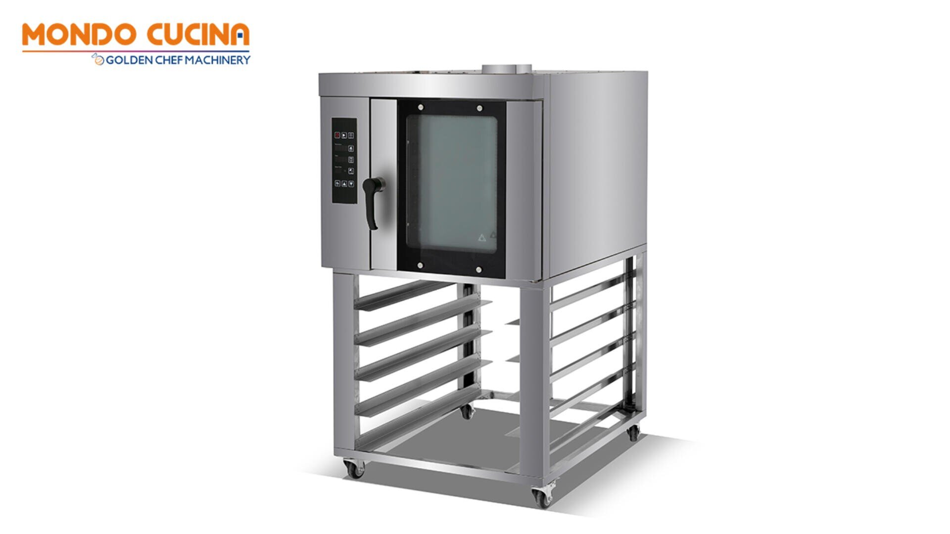 A commercial stainless steel convection oven on a wheeled rack with tray slots, displayed against a plain white background. The Mondo Cucina Golden Chef Machinery logo appears in the top left corner.