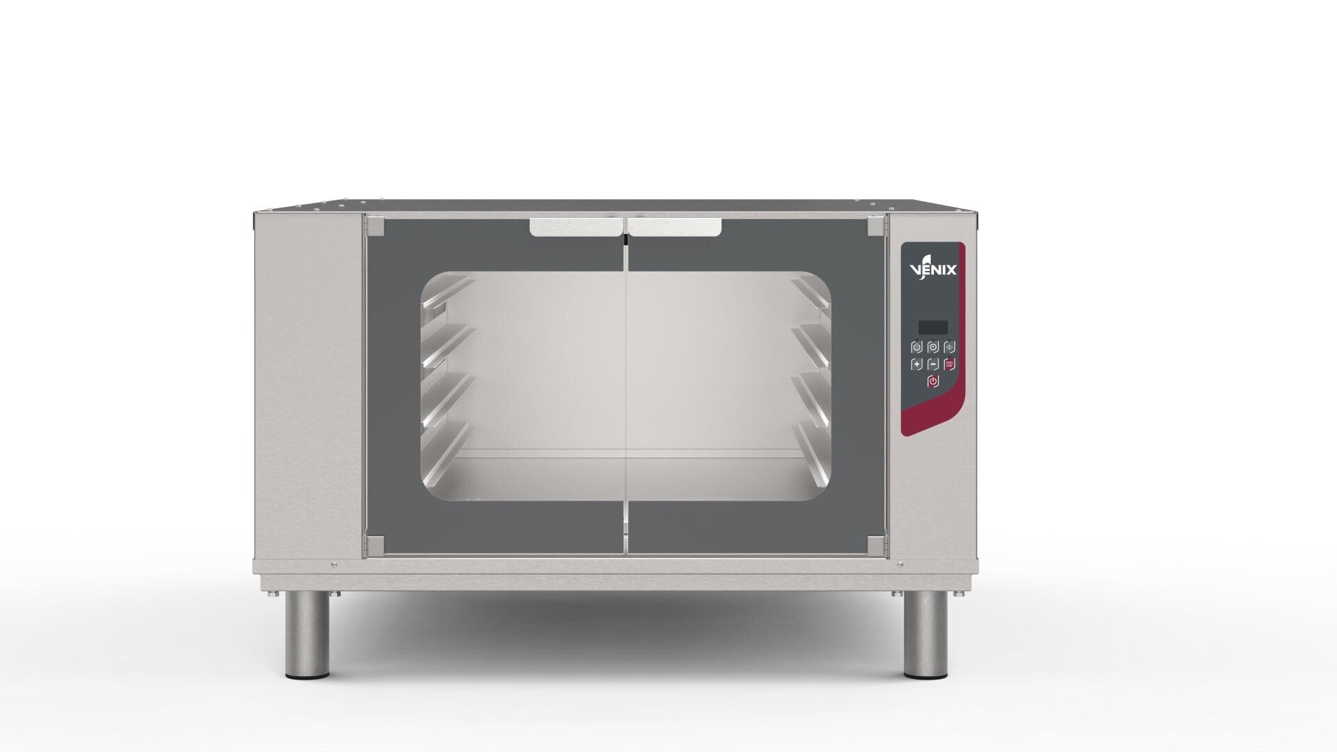 A stainless steel commercial oven with a glass double door and digital control panel on the right side, standing on four legs. The interior has multiple rack slots for trays.
