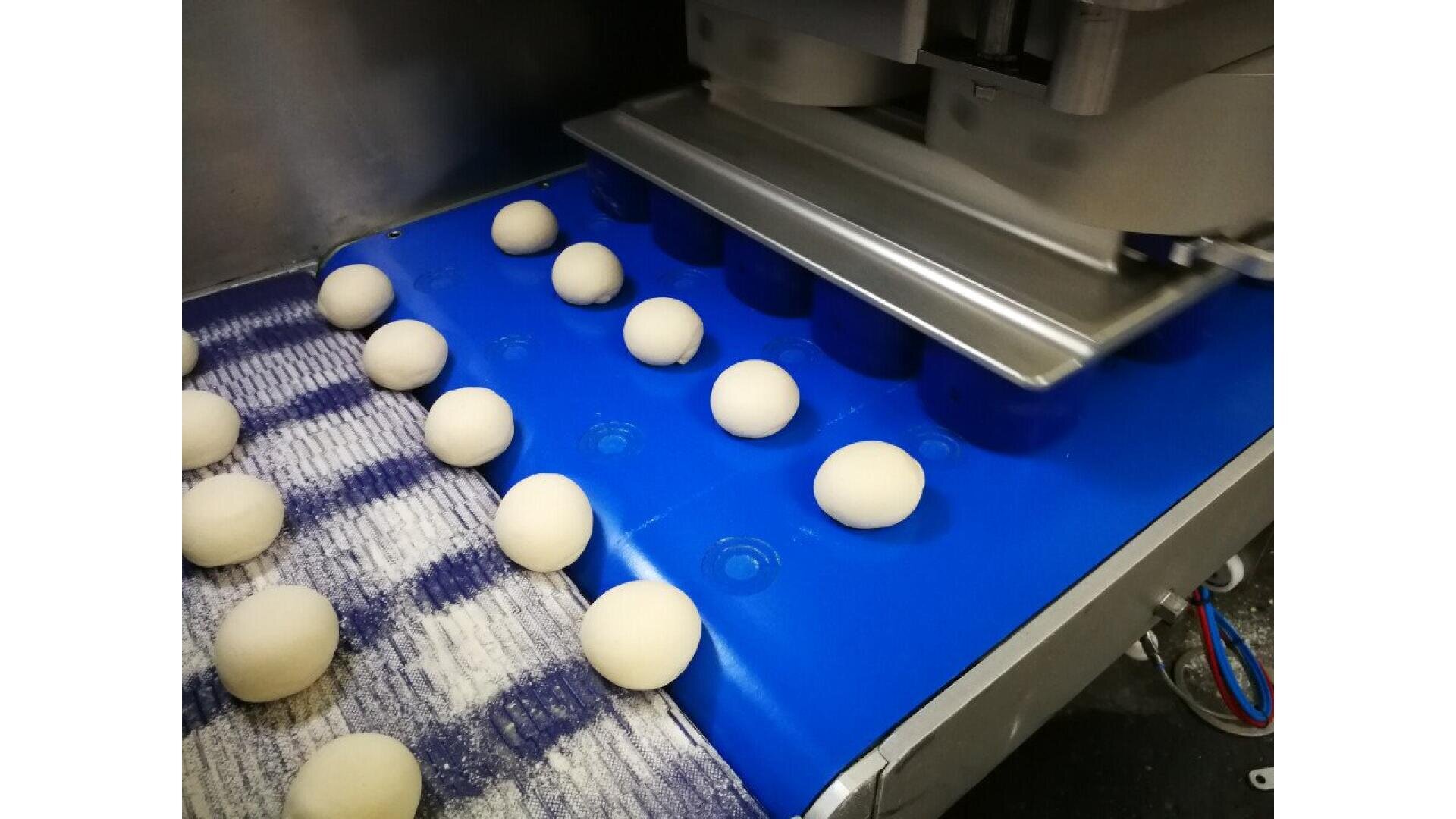 A machine shapes small round dough balls on a blue conveyor, with dough balls emerging from uniform slots and rolling onto a striped surface.