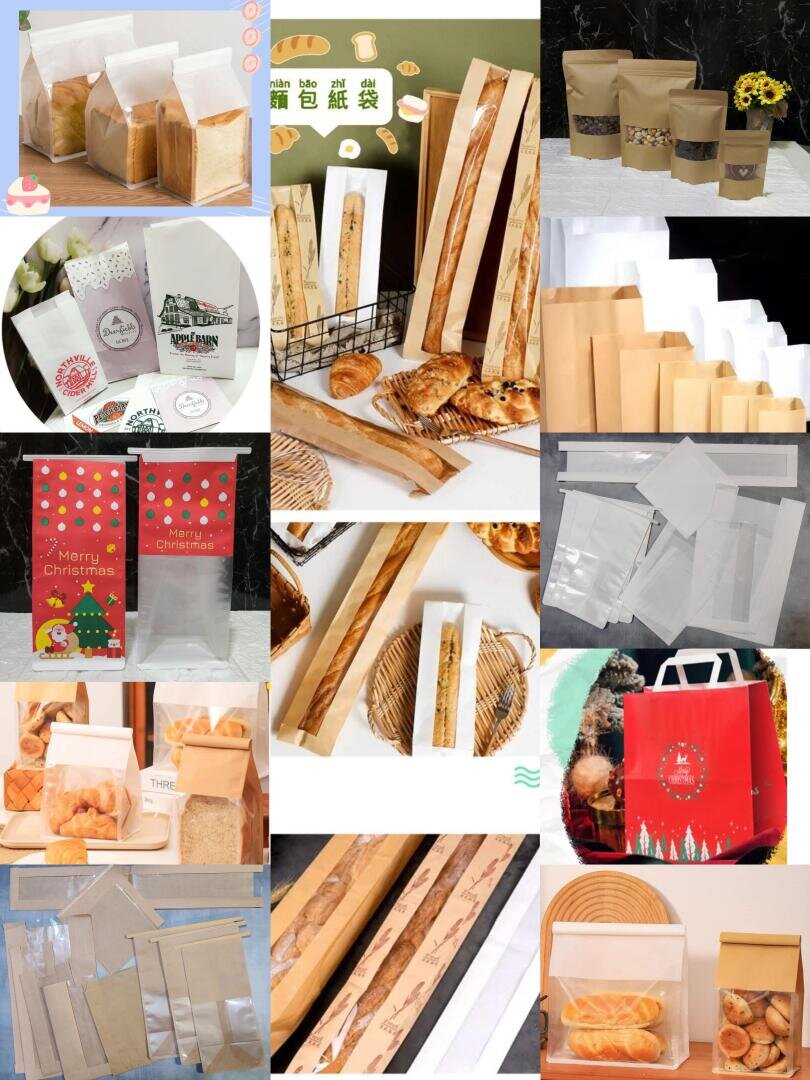 A collage of various paper and plastic bakery bags, some with holiday motifs and others plain, presented with bread, pastries and cookies in various settings.