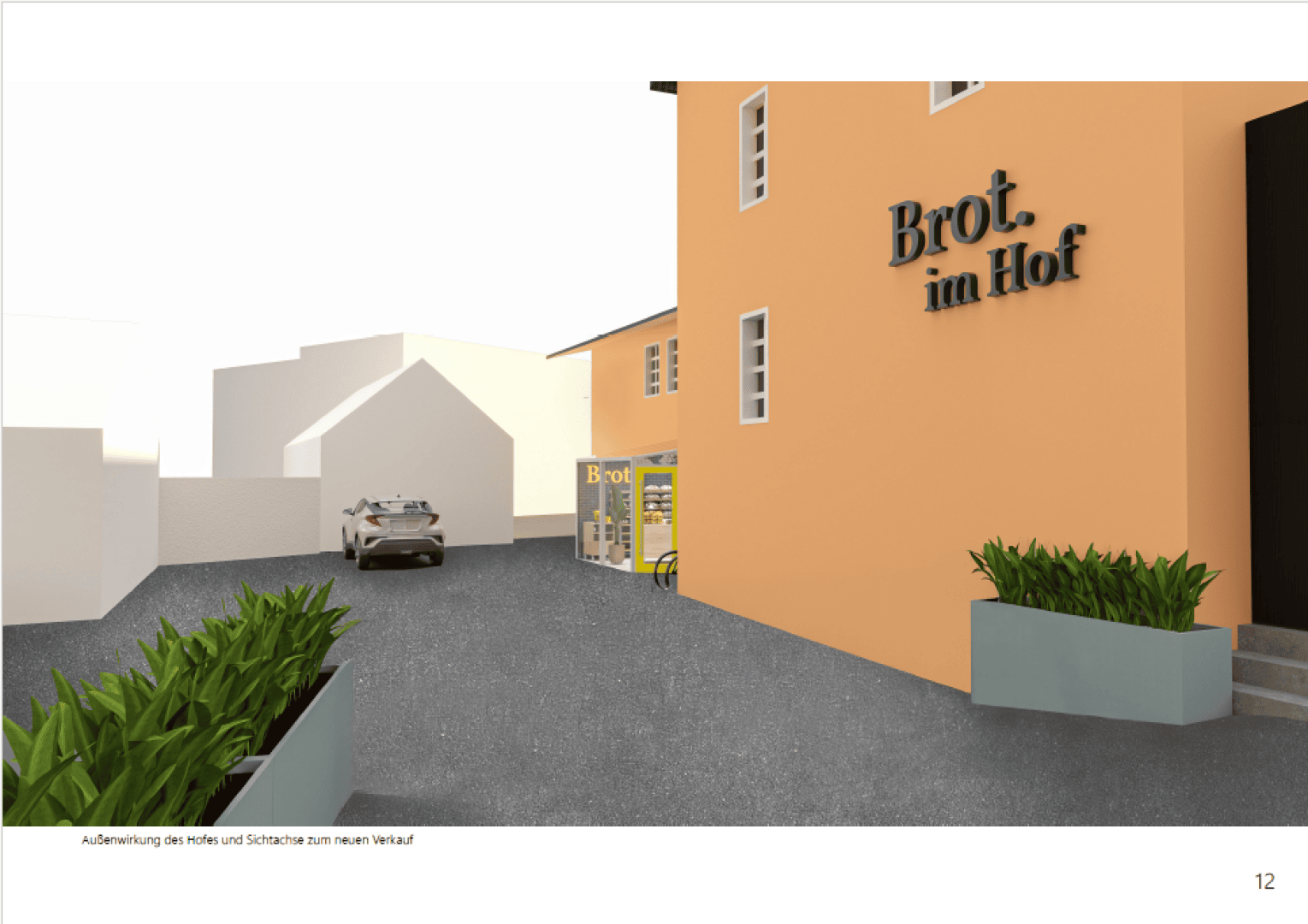 Ein kleiner Innenhof mit einem geparkten Auto, einem orangefarbenen Gebäude mit der Aufschrift „Brot. im Hof“, grünen Pflanzkübeln und einer Glastür zum Eingang einer Bäckerei. Die Szene ist hell und sauber.