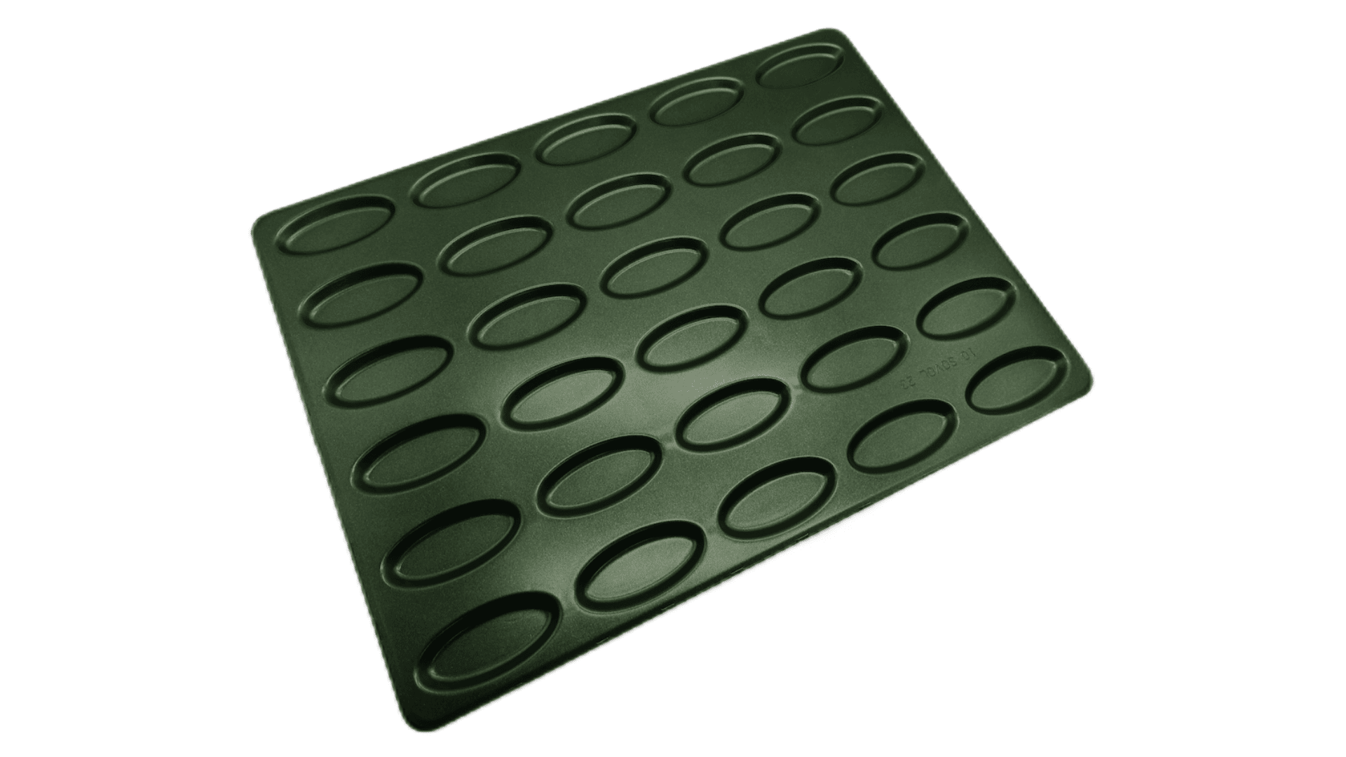 A black nonstick baking tray with 24 oval-shaped molds, viewed at an angle on a white background.