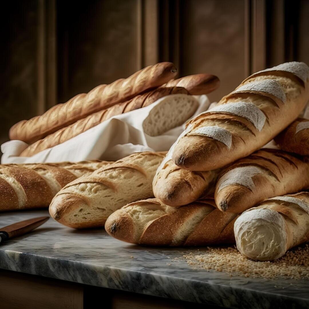 A variety of freshly baked baguettes, some dusted with flour, are stacked on a marble countertop beside a bread knife and a scattering of wheat grains. A cloth partially covers one of the baguettes.