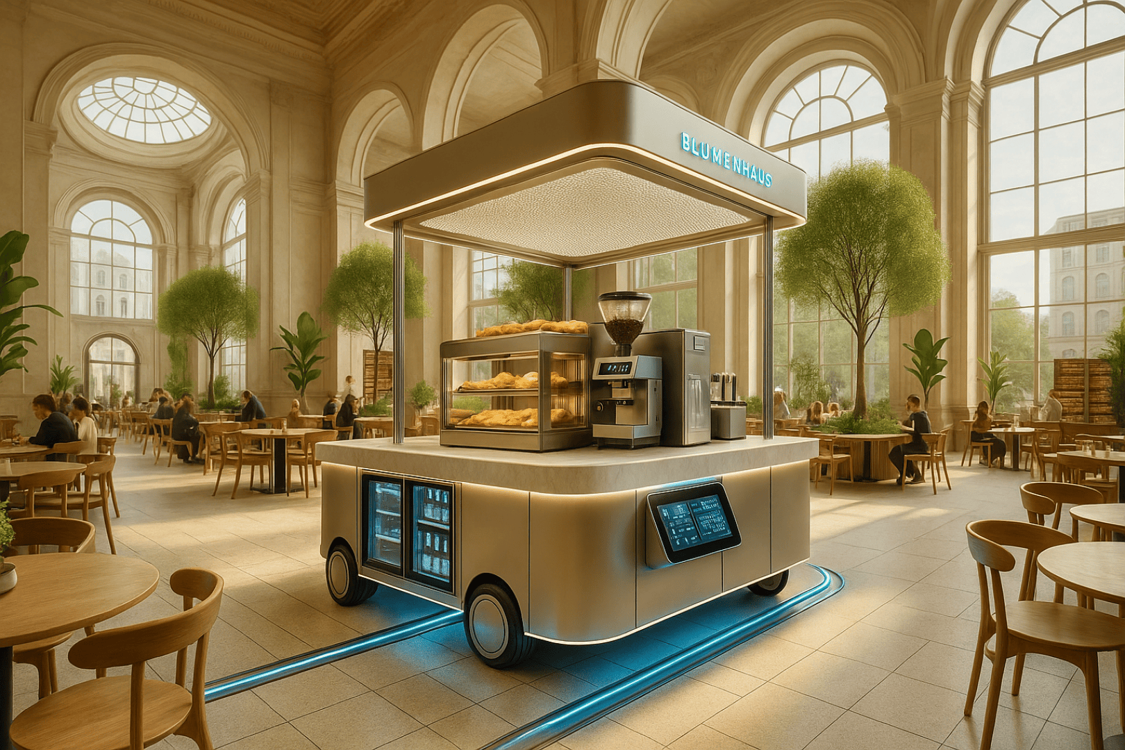 A modern, high-tech coffee and pastry cart stands in a bright, spacious café with tall windows, arched ceilings, and lush indoor trees. People sit at wooden tables, enjoying the inviting atmosphere.