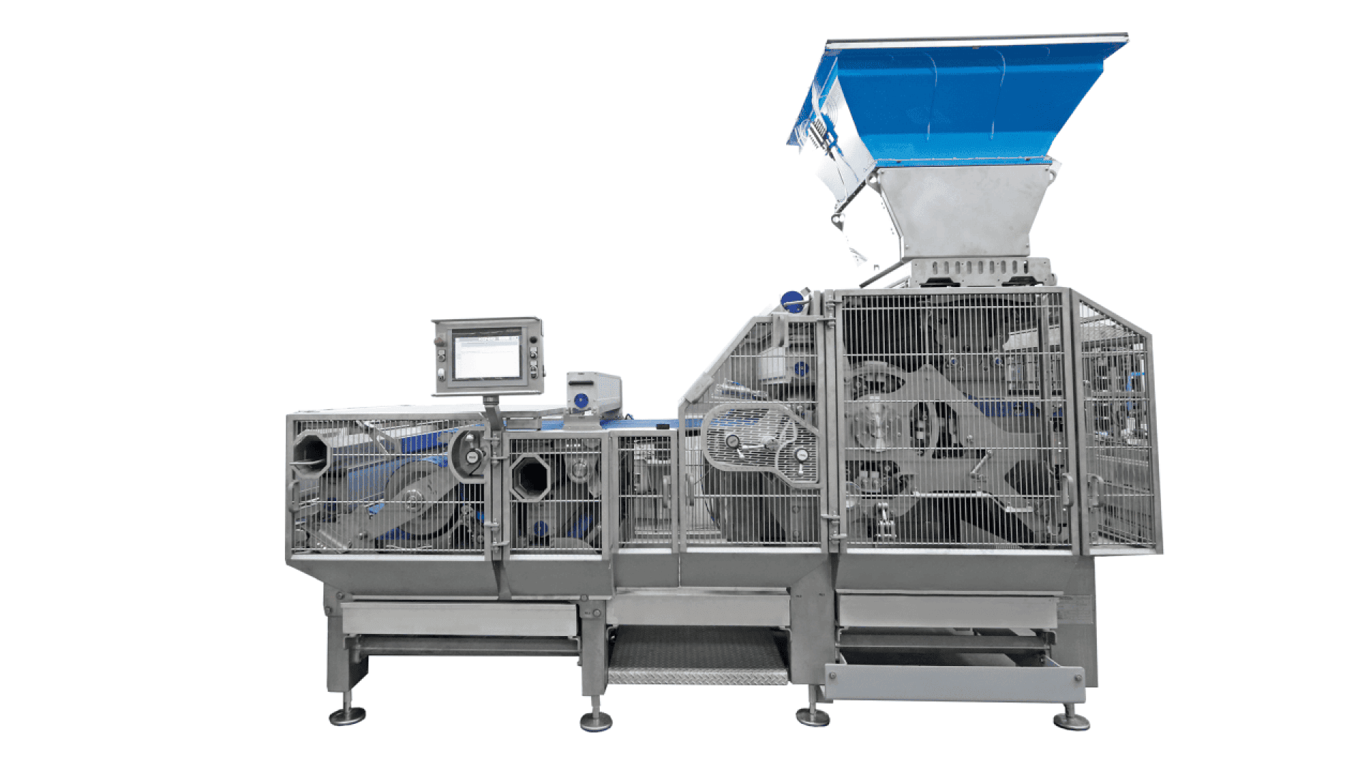 Side view of a large industrial food processing machine with a touchscreen control panel and a blue-topped hopper, enclosed by metal safety guards, on a white background.