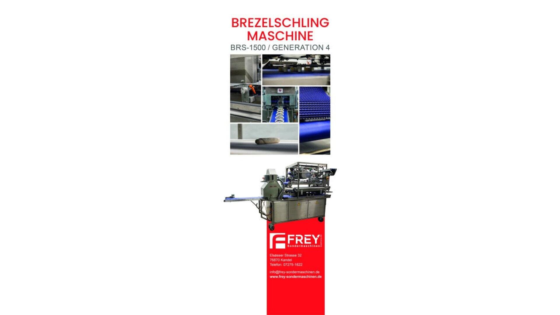 Promotional image for the FREY BRS-1500 Generation 4 pretzel twisting machine, showing machine close-ups, pretzel dough, and the full machine, with company contact details at the bottom.