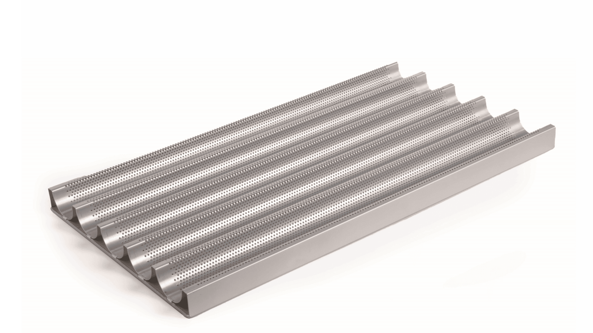 A metal baguette baking tray with five curved, perforated slots for holding dough, designed to allow air circulation for even baking. The tray is placed on a white background.