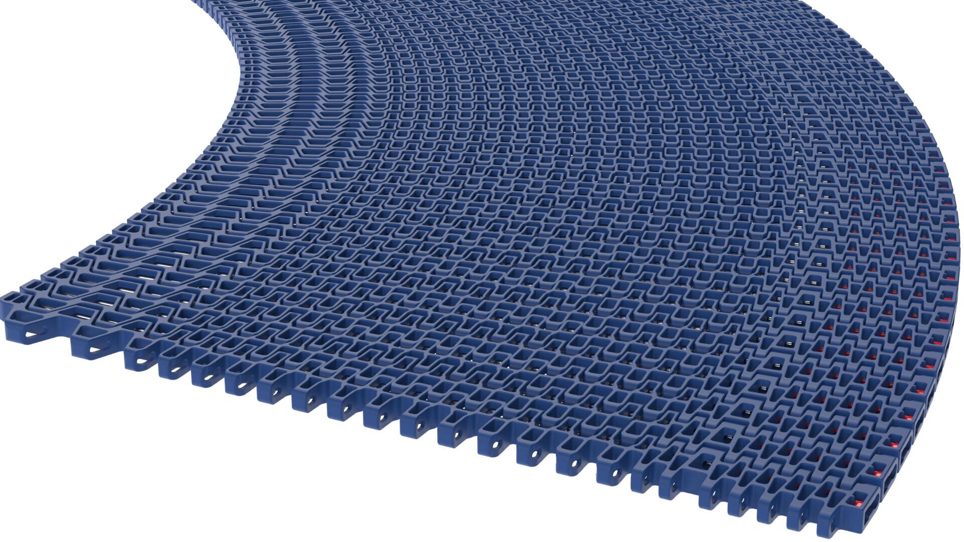 Ein gebogenes, blaues, modulares Kunststoff-Förderband mit einem ineinander greifenden Gittermuster, dargestellt vor einem weißen Hintergrund.