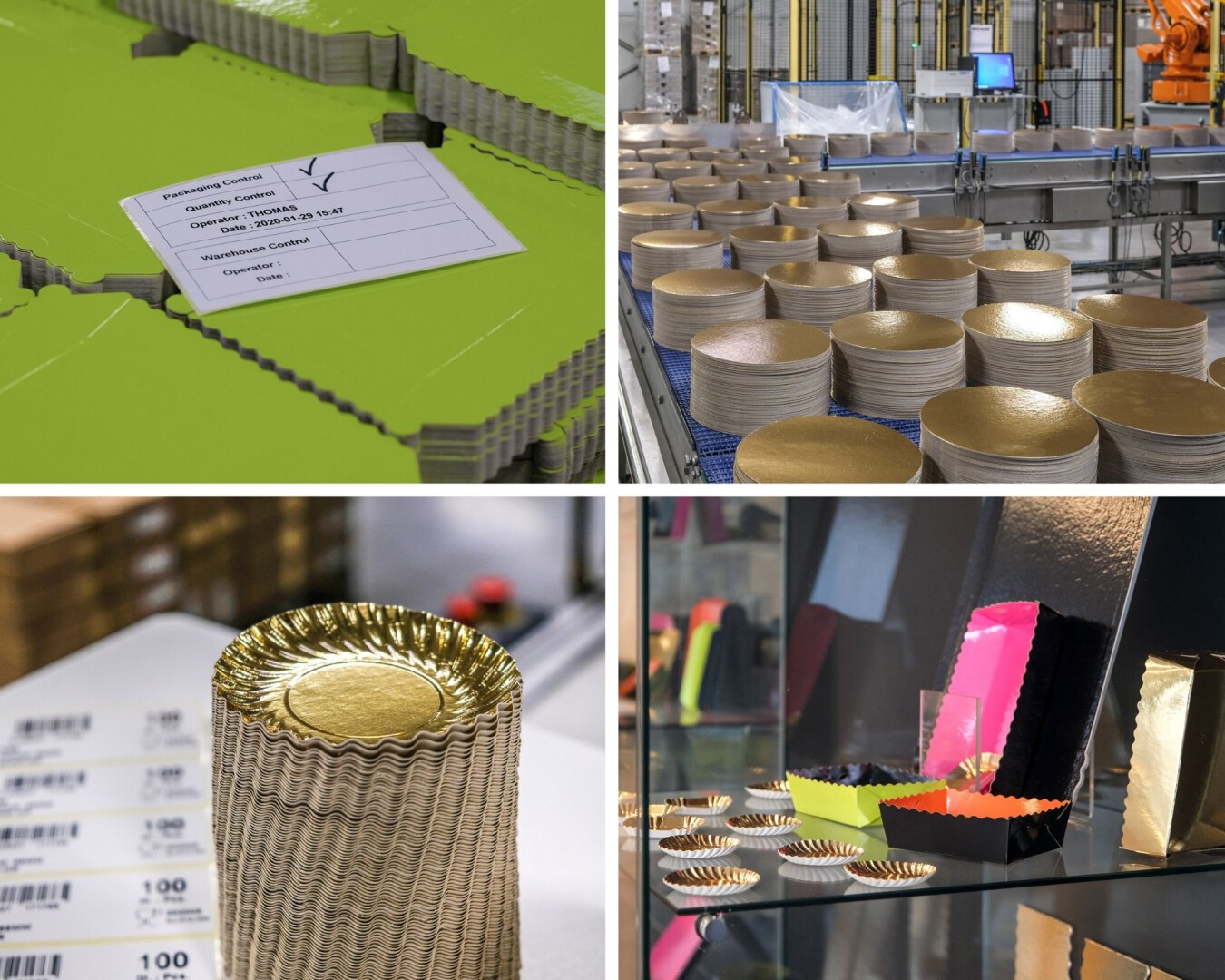 Eine Collage aus vier Bildern, die goldfarbene Papierbackförmchen in verschiedenen Stadien zeigen: gestapelt und beschriftet, in einer Fabrik angeordnet, mit Barcode-Etiketten und ausgestellt mit bunten Papierprodukten.