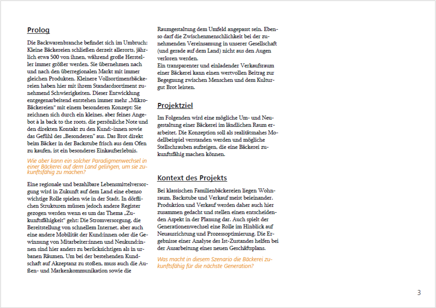 A German book page with three main sections: Prolog, Projektziel, and Kontext des Projekts. Certain sentences are highlighted in orange for emphasis. Page number 3 is in the bottom right corner.