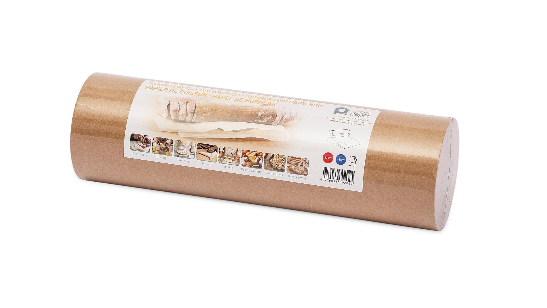 A brown roll of baking paper in packaging, featuring images of food and baking instructions on the label, as well as an illustration of the paper being used for rolling dough.