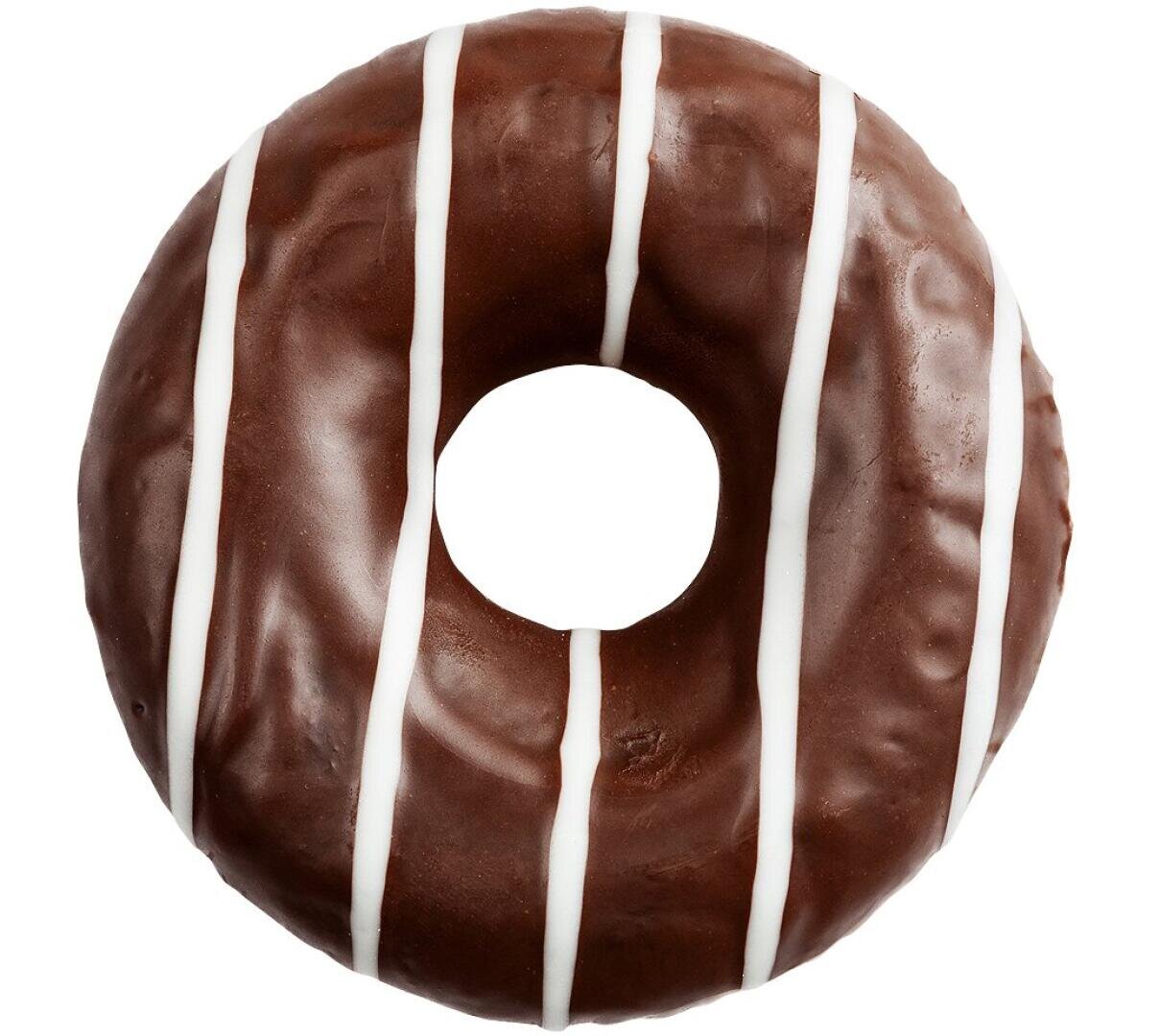 A chocolate glazed donut with four evenly distributed white icing stripes, seen from above against a white background.