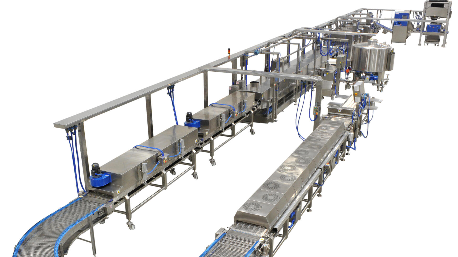 A stainless steel industrial food processing and packaging conveyor system with various machines, tanks, and conveyor belts arranged in a production line.