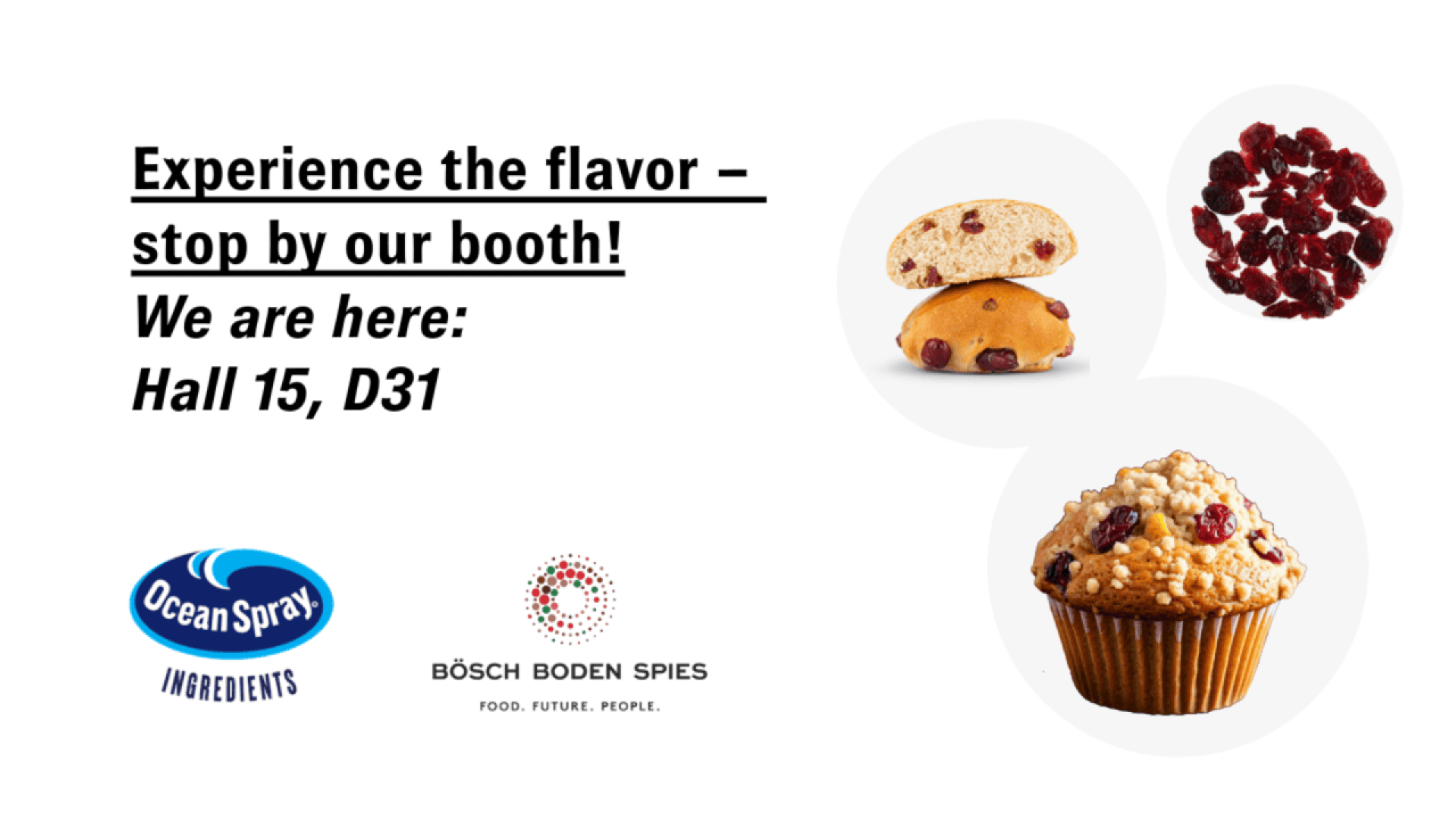 Promotional graphic for Ocean Spray and Bösch Boden Spies featuring cranberries, a cookie, a muffin, and text: Experience the flavor – stop by our booth! We are here: Hall 15, D31. Logos at the bottom.