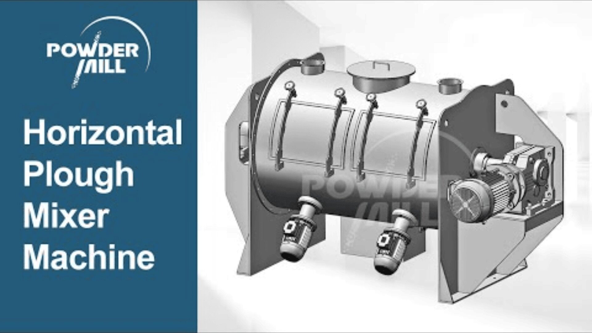 A technical drawing of a horizontal plough mixer machine with motors on both sides; POWDER MILL and Horizontal Plough Mixer Machine are written on a blue background to the left.