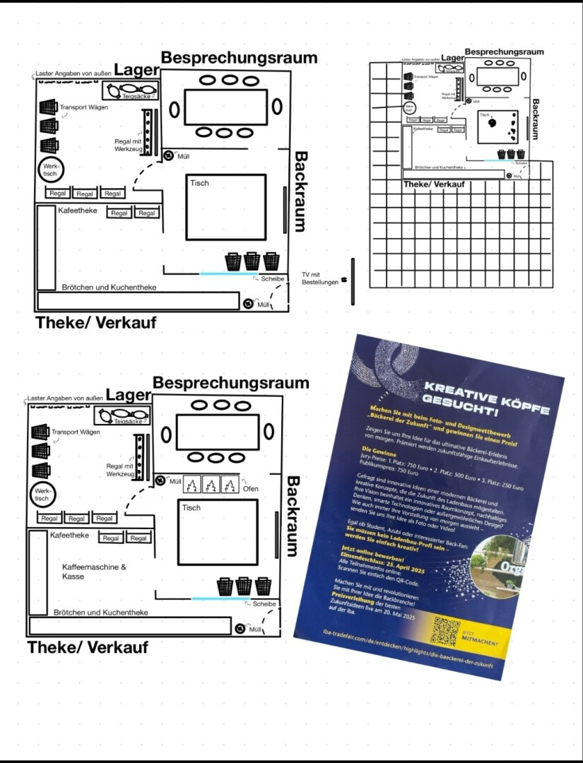 A floor plan of a shop and backroom fills most of the image, with labeled rooms and furniture. At the bottom right is a recruitment flyer in German with blue and yellow colors and the text KREATIVE KÖPFE GESUCHT!.