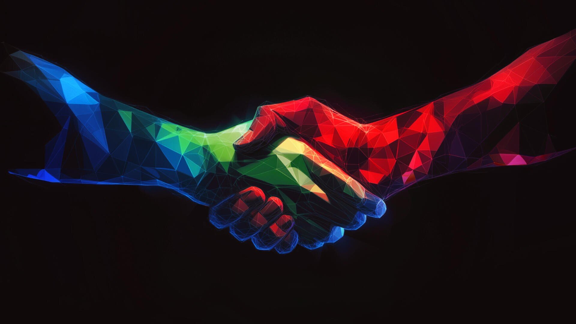 Zwei polygonale Hände, eine in blaugrünen Tönen und die andere in rot-orangen Farbtönen, schütteln vor einem schwarzen Hintergrund einander die Hände und symbolisieren so Zusammenarbeit und Einheit.
