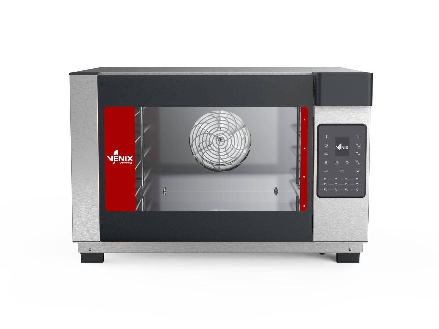 A stainless steel convection oven with a glass door, visible fan inside, red accent, and a digital control panel on the right. The brand VENIX is displayed on the front.