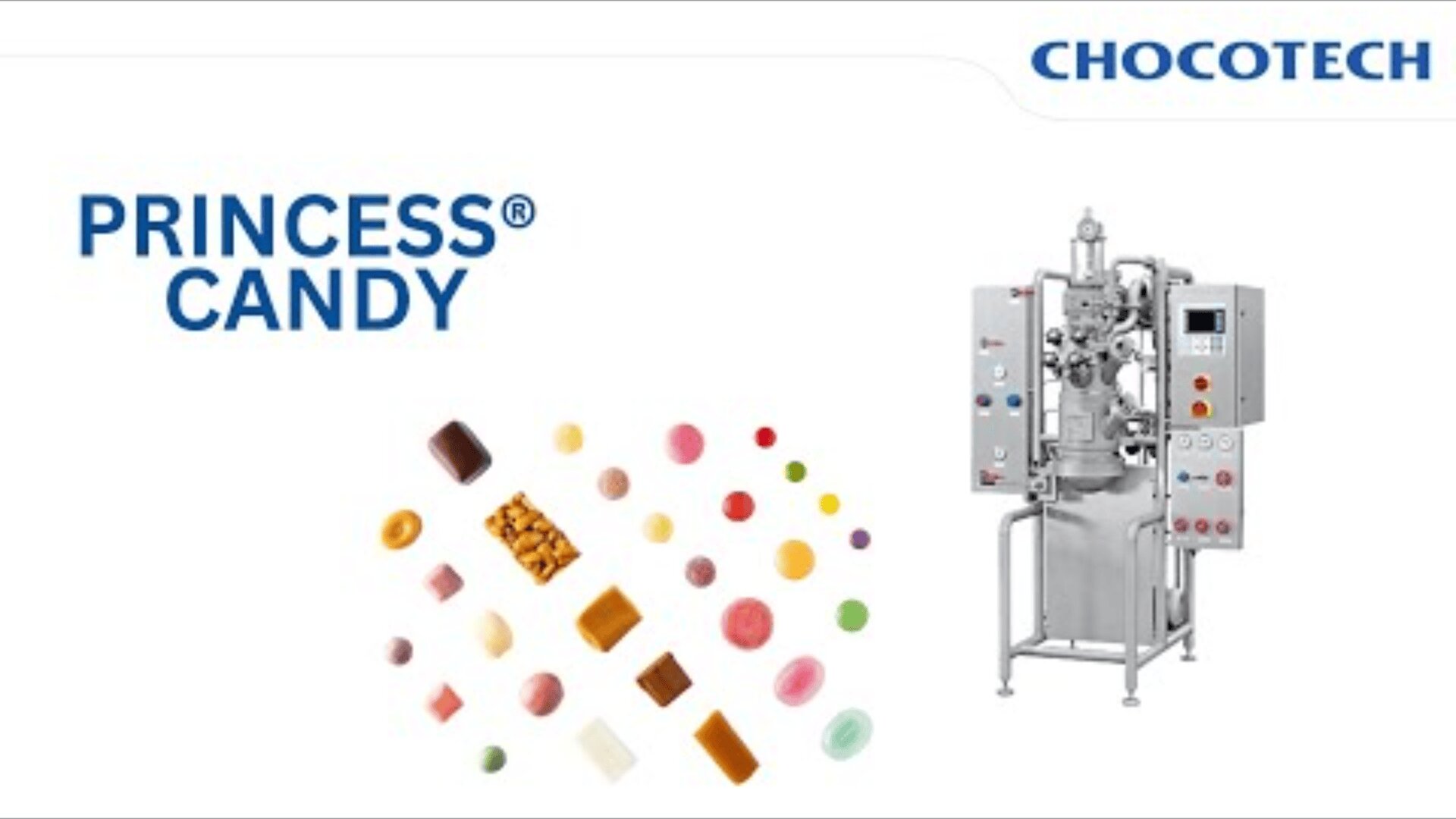 Assorted colorful candies and confections next to a stainless steel industrial candy-making machine with digital controls. The words PRINCESS CANDY and the CHOCOTECH logo appear on a white background.