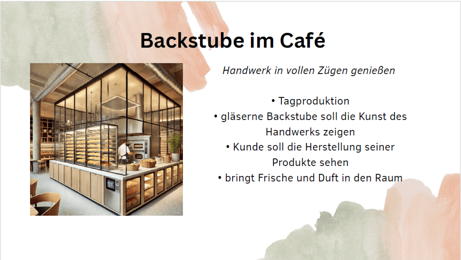 Eine moderne Bäckereiabteilung in einem Café mit durch Glaswände sichtbaren Brotregalen. Ein deutscher Text erklärt, dass die offene Bäckerei Handwerkskunst und frische Produktion demonstriert und dem Raum ein aromatisches Aroma verleiht.