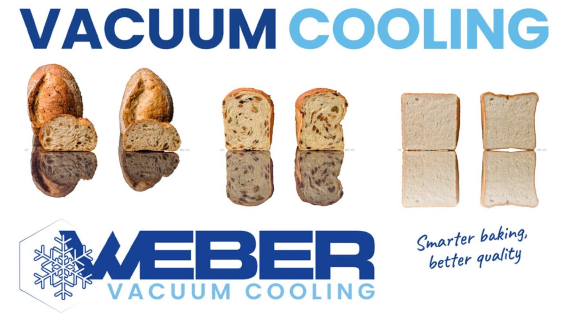 Image showing whole and sliced loaves of bread, from rustic to sandwich loaves, with the words Vacuum Cooling, WEBER Vacuum Cooling, and the slogan Smarter baking, better quality.