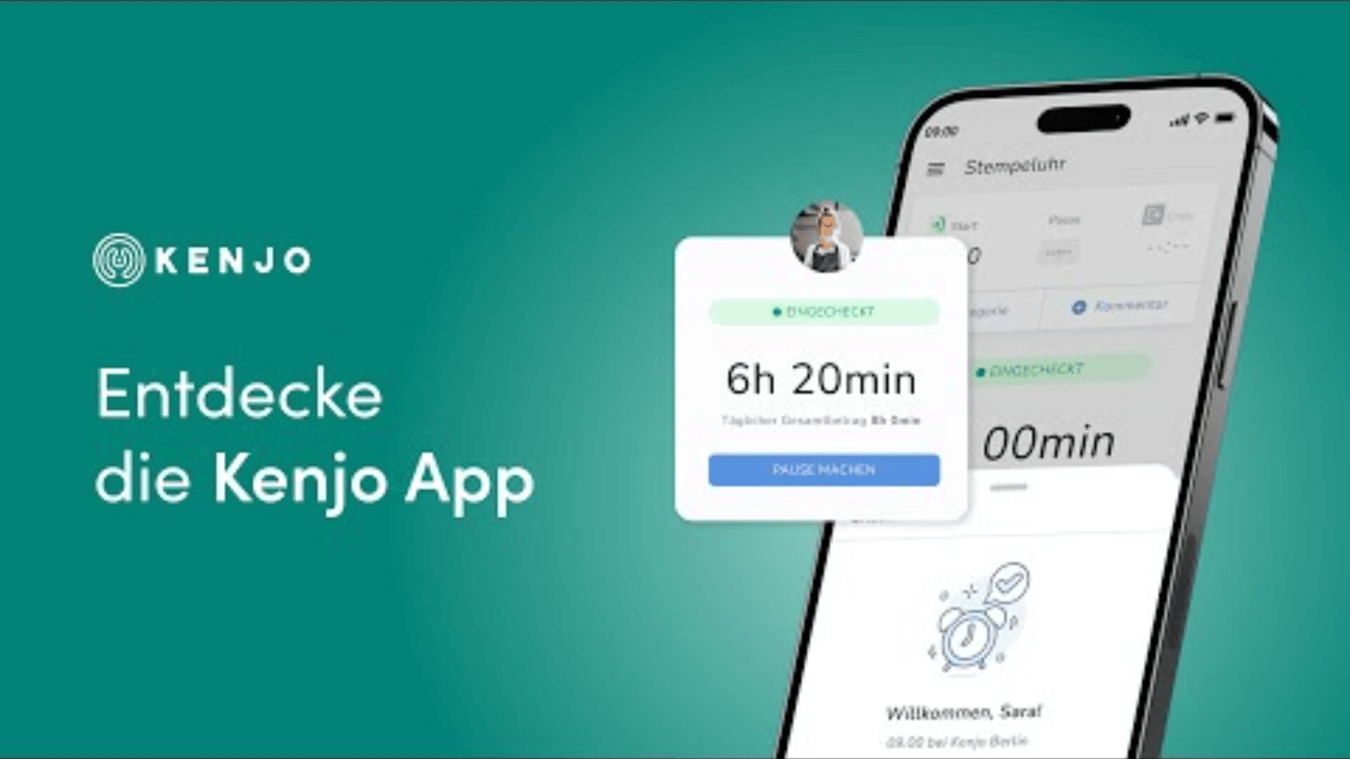Werbebild für die Kenjo-App. Es zeigt einen Smartphone-Bildschirm mit Zeiterfassungsfunktionen. Der Text lautet „Entdecke die Kenjo-App“ auf grünem Hintergrund.