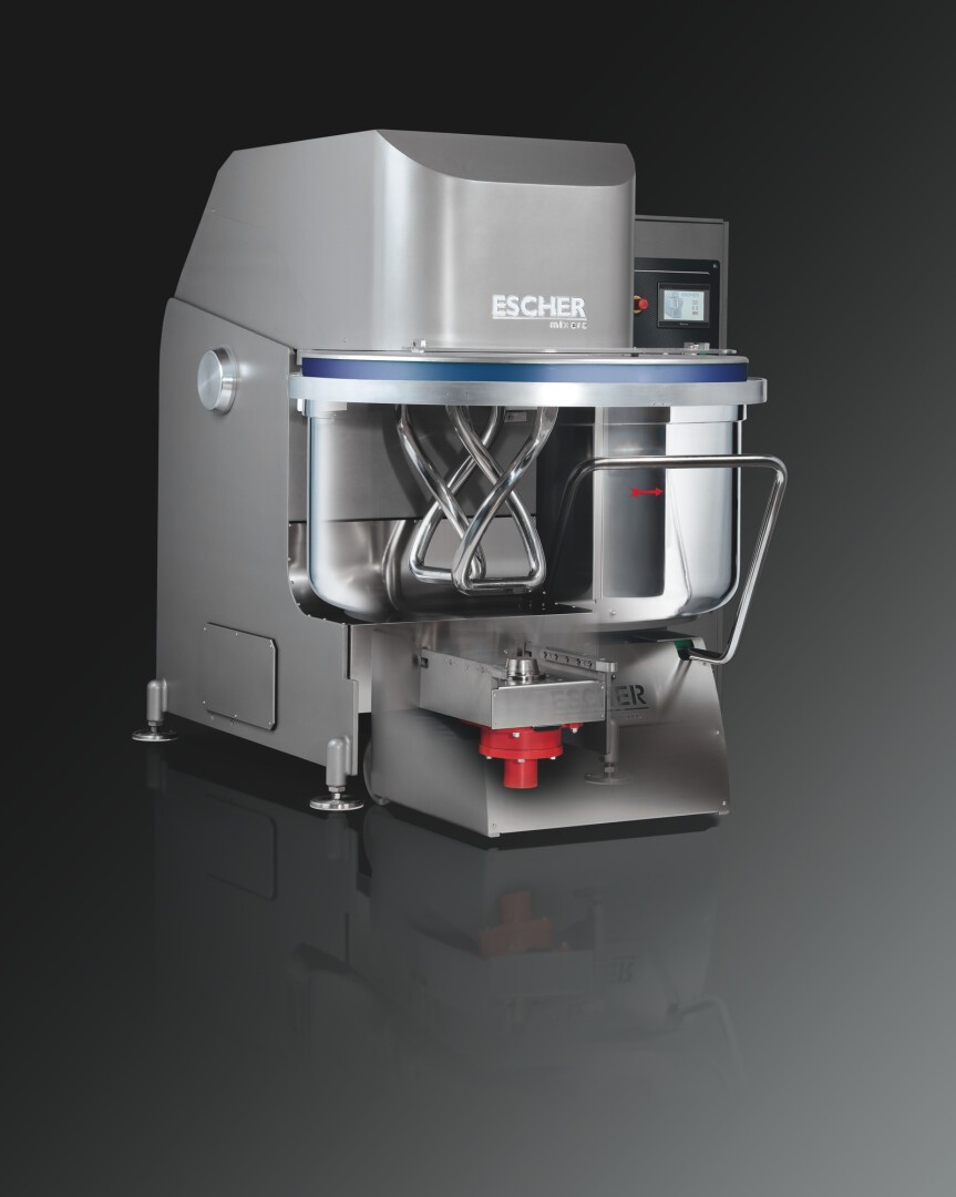 A large industrial dough mixer machine made of stainless steel with a digital display, labeled ESCHER, shown against a dark gradient background.