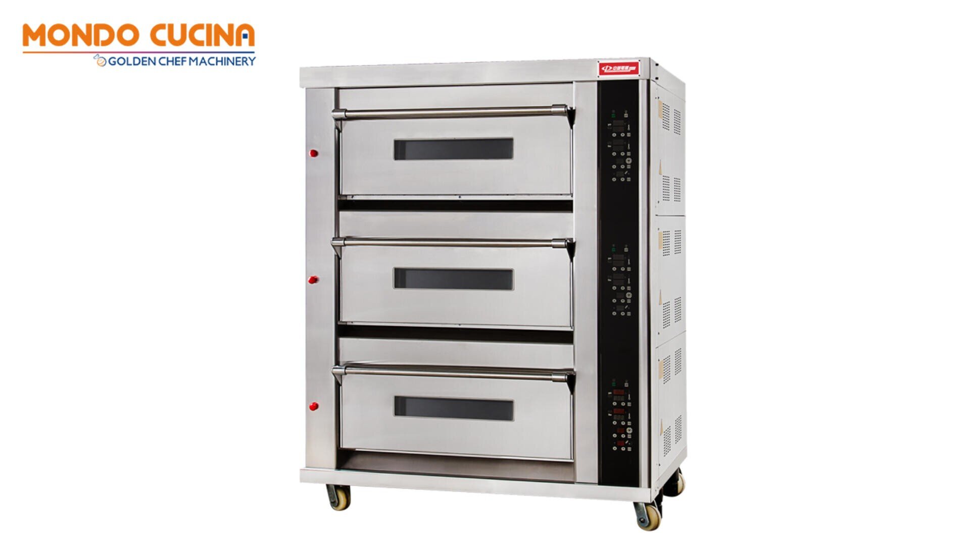 A commercial stainless steel oven with three stacked compartments, control panels on the right side, and wheels for mobility; MONDO CUCINA and Golden Chef Machinery logos appear in the top left corner.