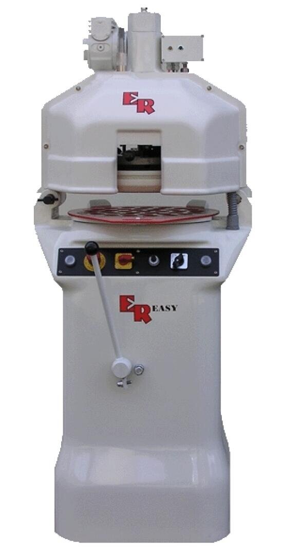 A white commercial dough divider machine with a control panel, handle, and red ER logo on the front, used in bakeries to divide dough into equal portions.