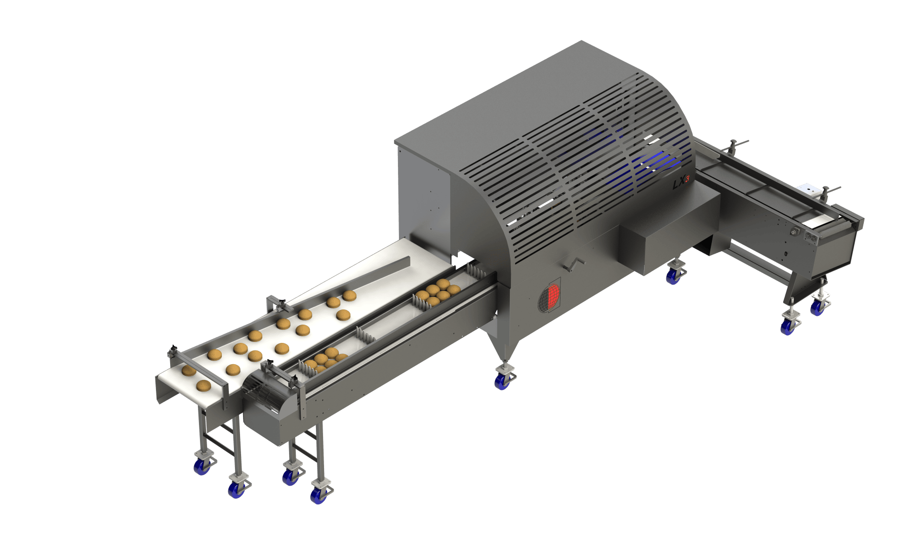 Eine Förderbandmaschine mit Schutzgitter verarbeitet kleine runde Lebensmittel, wahrscheinlich Backwaren, auf weißen Tabletts. Die Maschine steht auf Rädern, um mobil zu sein, und hat ein Bedienfeld an einer Seite.