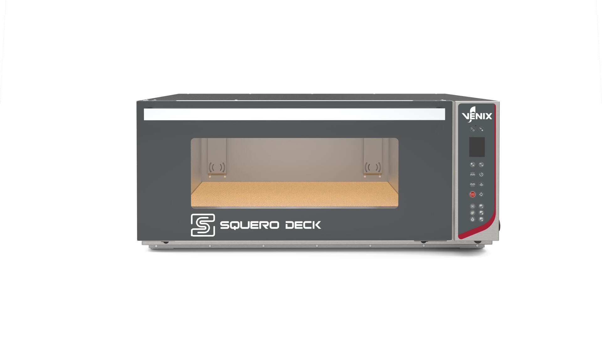 A countertop electric oven with a glass door, labeled “SQUERO DECK” and “VENIX,” featuring a digital control panel on the right and a light-colored baking surface inside.