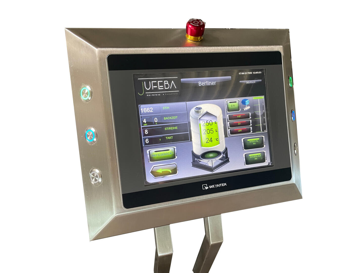 A stainless steel touchscreen control panel displays settings for a Jufeba food machine, showing temperature, time, and various control buttons. A red emergency stop button is on top of the panel.