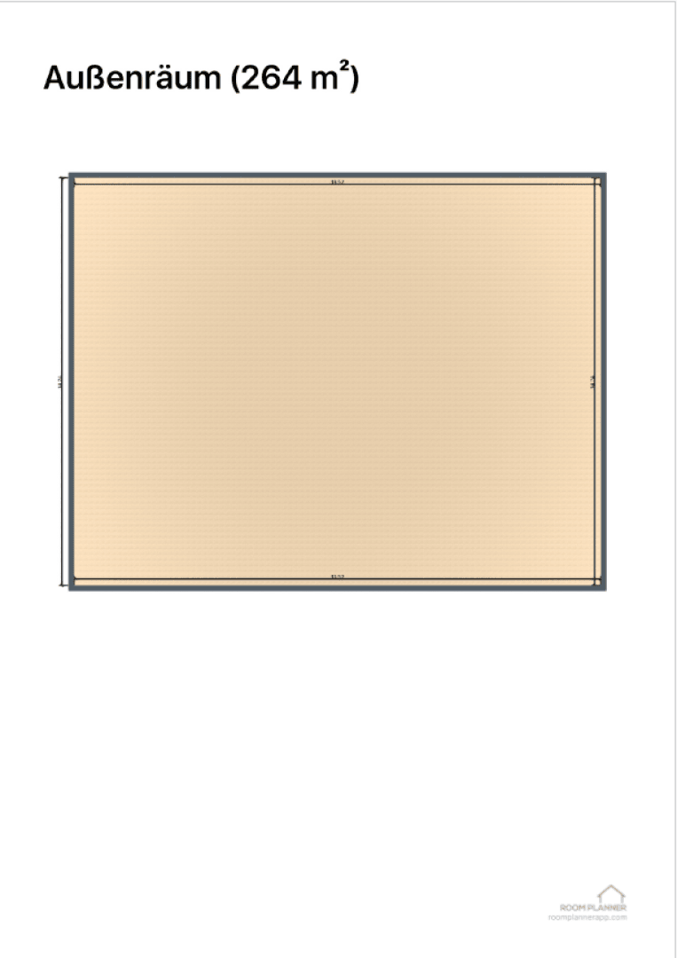 A rectangular floor plan labeled Außenräum (264 m²) shows a large open area with beige shading and a thin dark border. The ROOFPLANNER logo appears in the bottom right corner.