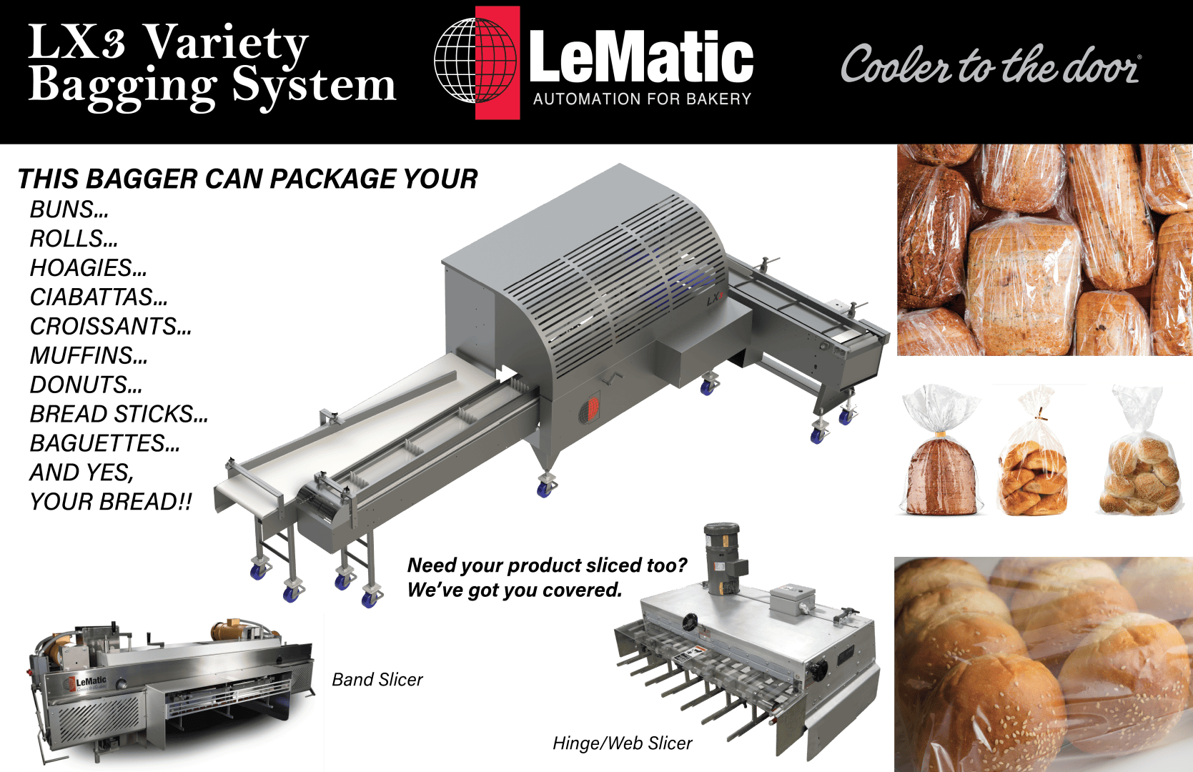 Promotional image for LeMatics LX3 Variety Bagging System, showing bakery bagging machines, packaged bread products, and listing baked goods the machine can package, plus an inset of two slicers and the slogan Cooler to the door.