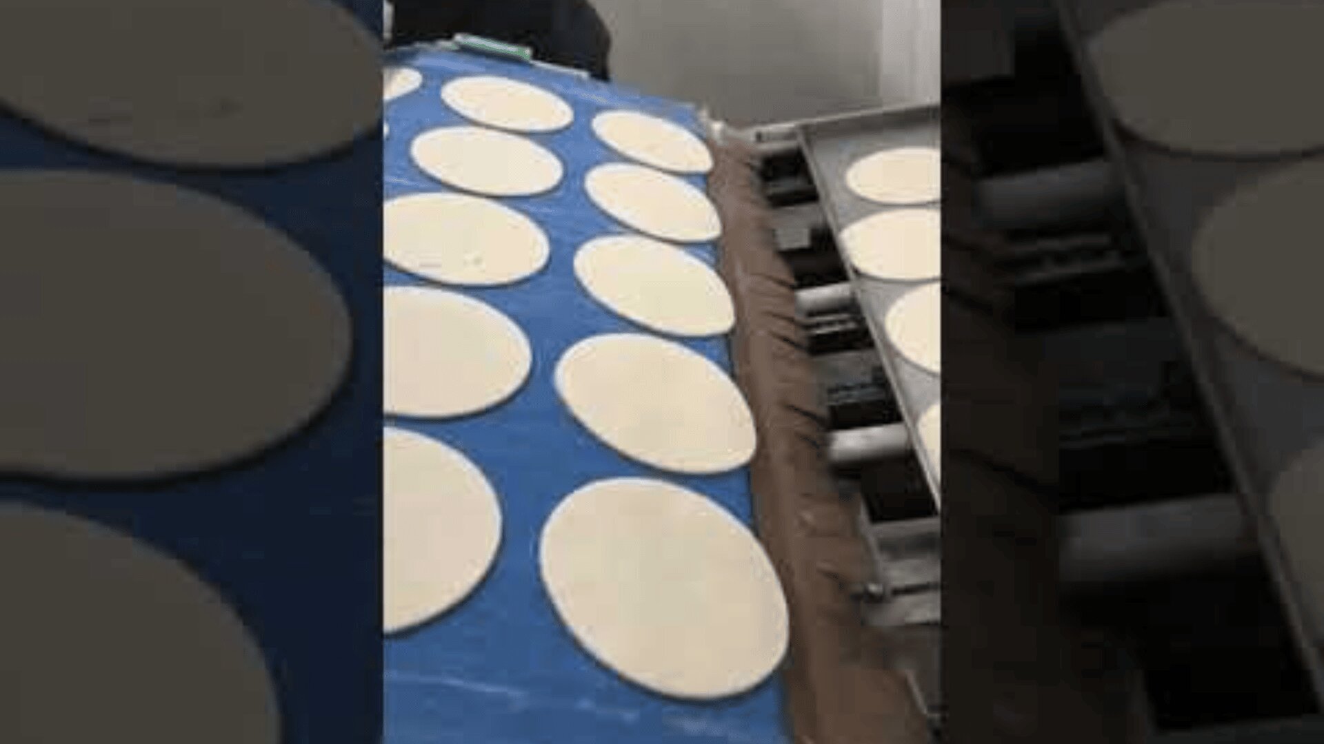 Ein Förderband transportiert in gleichmäßigen Abständen runde Teigscheiben durch eine Lebensmittelproduktionsanlage, die wahrscheinlich Artikel wie Tortillas oder Fladenbrote für die Verarbeitung vorbereitet.