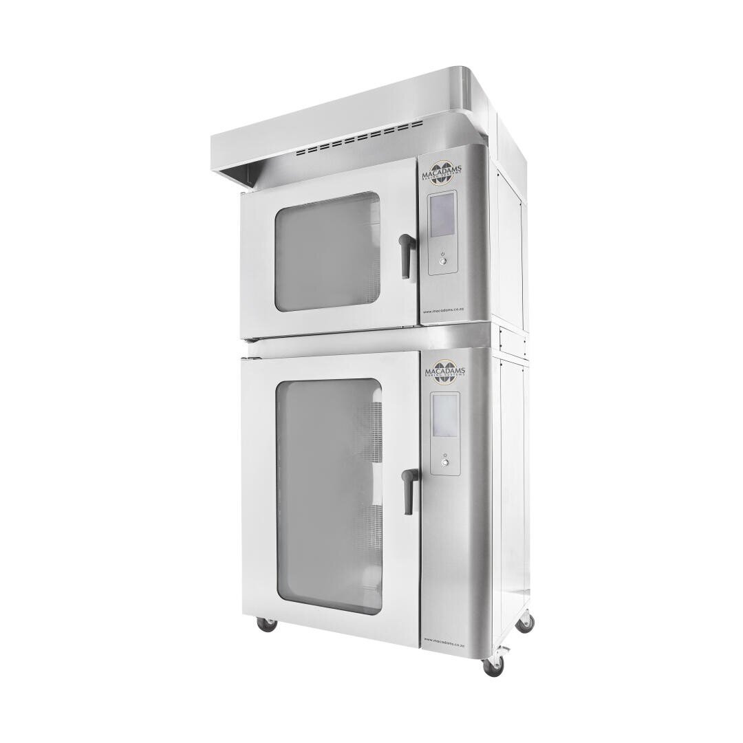 A stainless steel commercial oven with two stacked compartments, each with a glass door and control panel, on wheels for mobility.