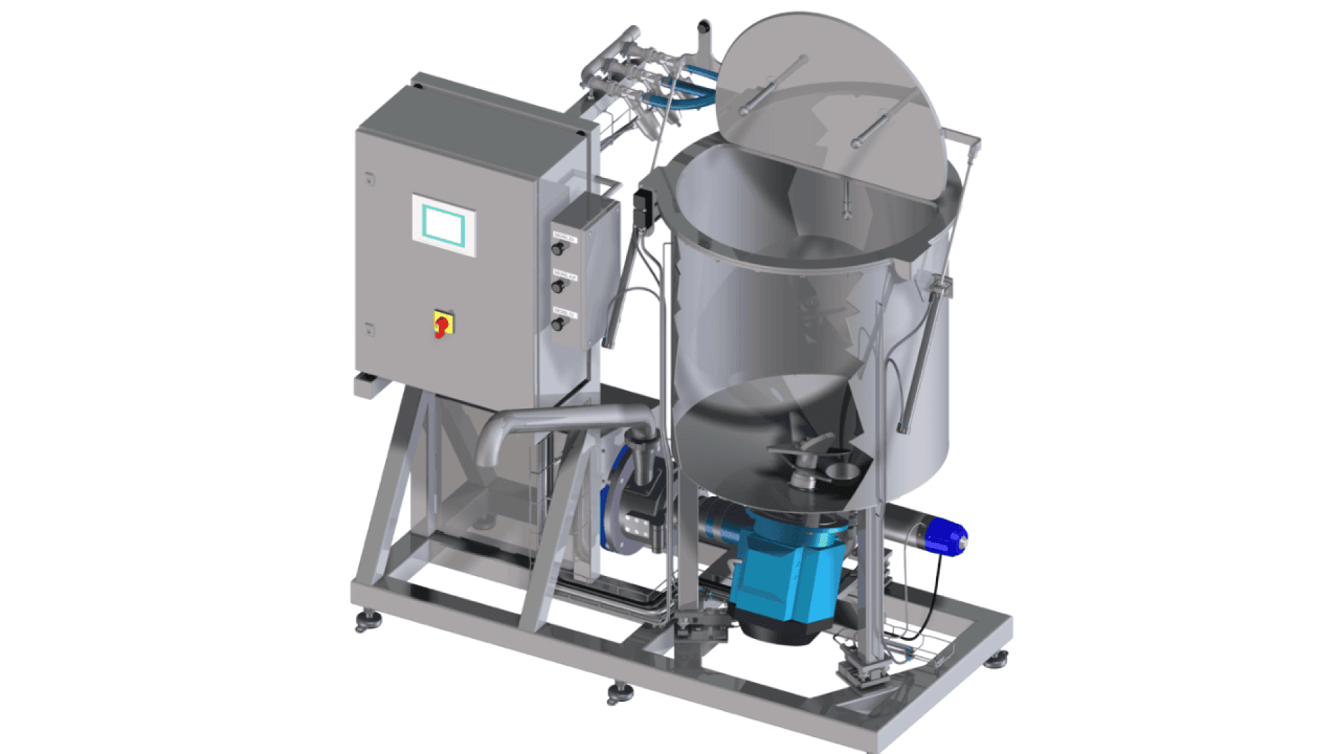 Industrial mixing machine with a large cylindrical stainless steel tank, attached control panel, visible motor, pipes, and transparent tank lid, mounted on a metal frame for processing or blending materials.