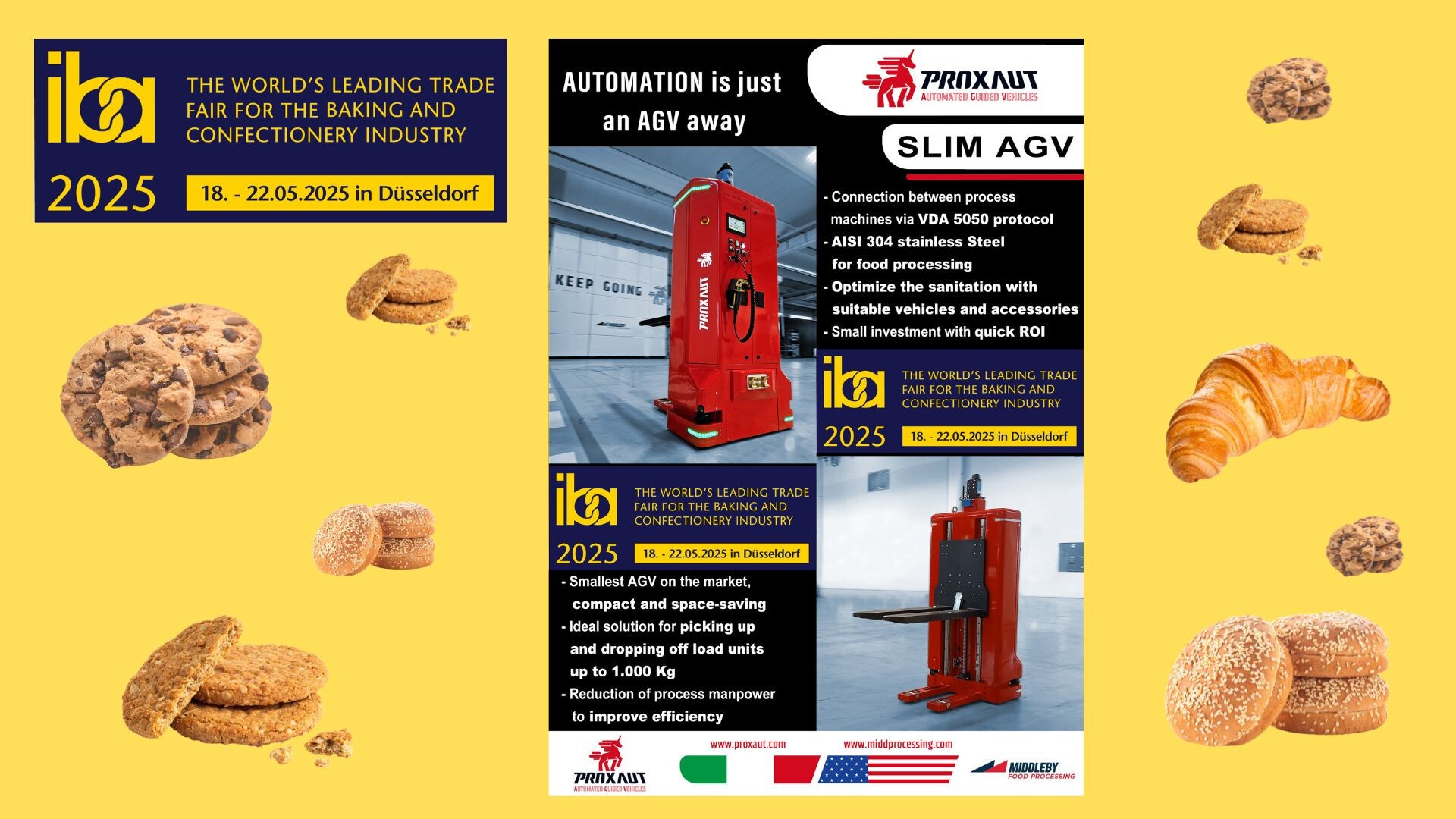 Werbeplakat für die Messe iba 2025 mit Keksen, Brot und Gebäck, Veranstaltungsdetails und einem roten fahrerlosen Transportfahrzeug (AGV) mit Produktinformationen zur industriellen Bäckereiautomatisierung.