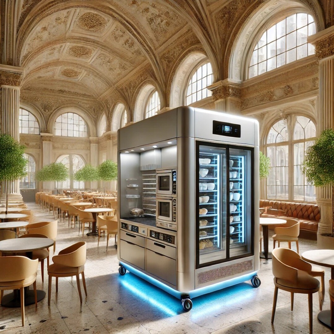 A modern, high-tech food vending machine stands in the center of an elegant, grand dining hall with arched windows, ornate ceilings, round tables, and beige chairs. Lush green plants decorate the spacious, sunlit room.