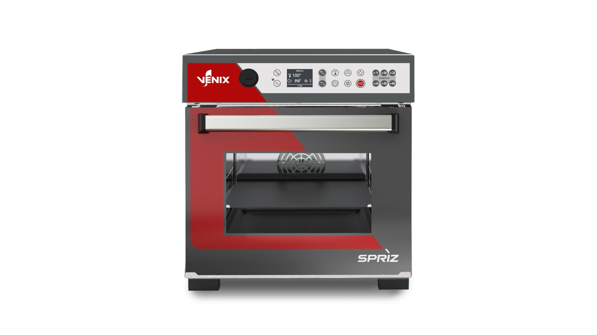 Front view of a Venix Spriz countertop oven with digital controls, buttons, and a display panel. The oven has a glass door and a visible interior fan, featuring a red and gray design.