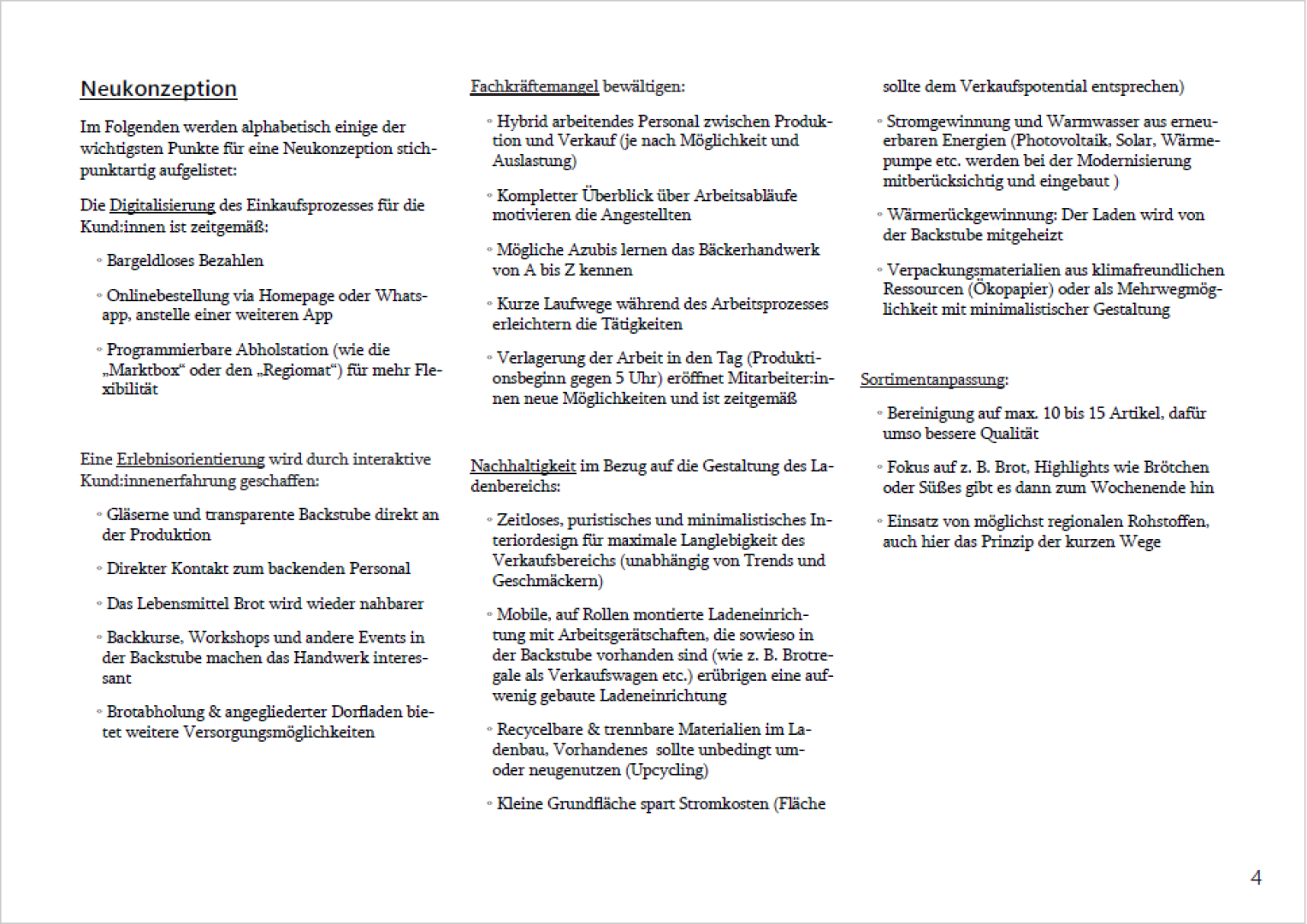 A German text document with two columns listing factors for new bakery store concepts, including customer needs, technical solutions, sustainability, location, product range, and service appearance. Page number 4 is visible at the bottom right.