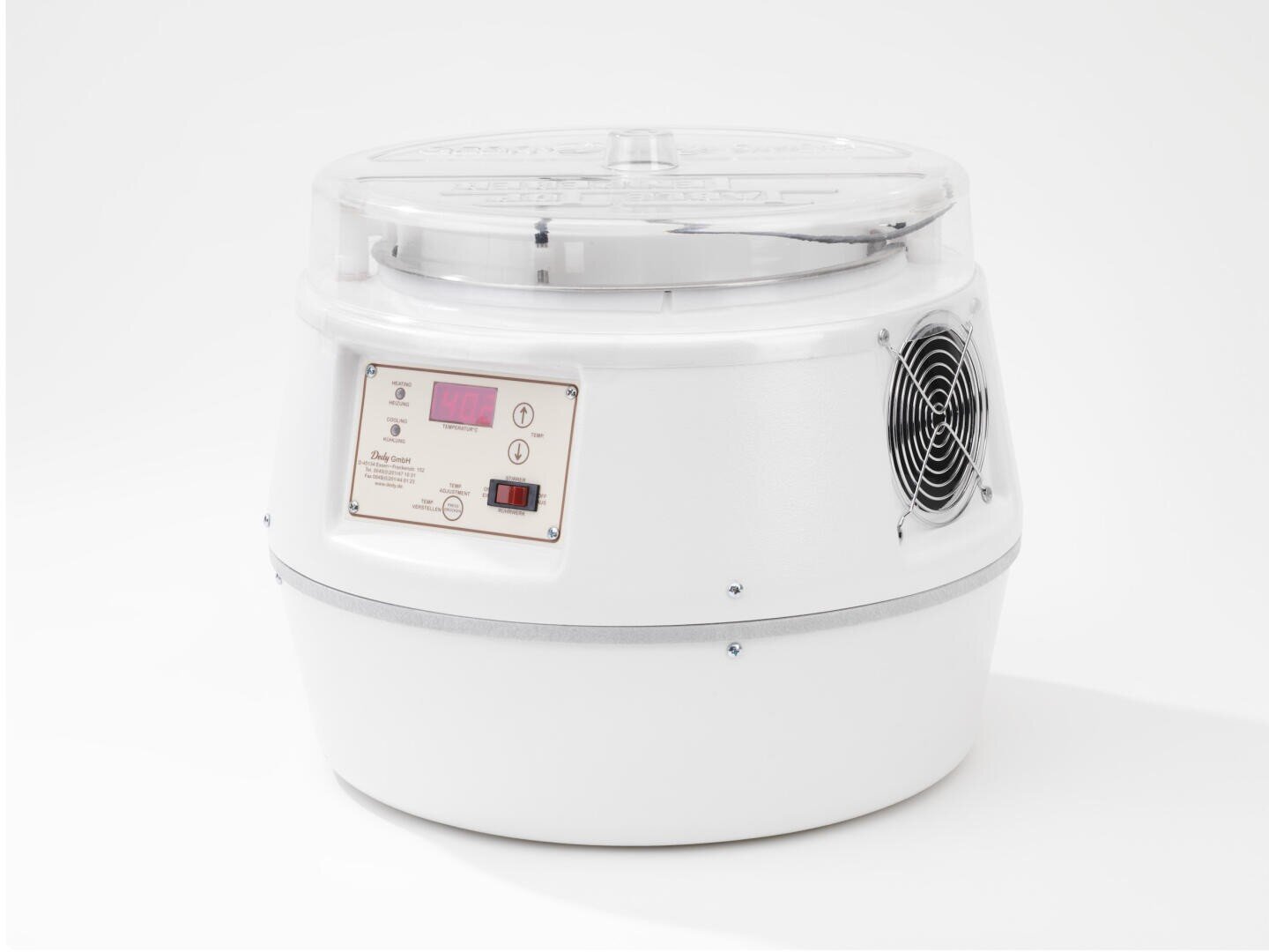 Eine weiße Laborzentrifuge mit transparentem Deckel, digitaler Anzeige, Bedienfeld und einem Ventilator an der Seite, fotografiert auf weißem Hintergrund.