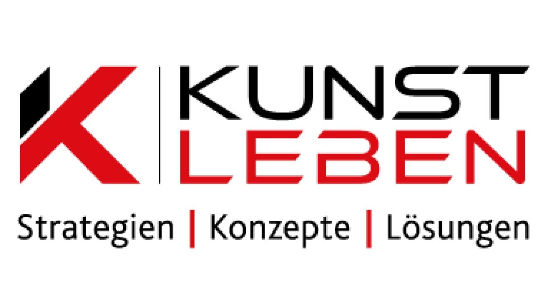 Logo with a large stylized red and black K on the left, and the words KUNST LEBEN in bold black and red text. Below are the words Strategien | Konzepte | Lösungen.